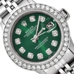26mm Rolex Datejust 1601 18k White Gold Diamond Bezel Green Dial Women's Watch