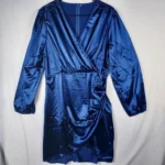 Yajedo Satin V-Neck Dress Size XXL Blue Party/Cocktail Long Sleeve New