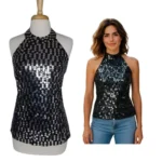 Halter Style Top Black Silver Solid Sequin Lined Adult L Dance Costume New
