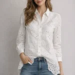 Chartou White Eyelet Shirt Dress Small Button Front Long Sleeve