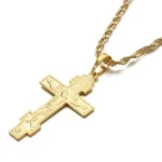 24K Gold Plated Russian Greek Orthodox Christian Cross Pendant, 19.6 Necklace