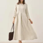 100% Linen Bateau Neck Pleated Maxi Dress Women Linen Dress