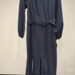 Maison Tara Women's Long Sleeve V-neck Belted Car Wash Hem Sheath Dress, Navy