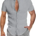 Men's Linen Shirts Button Beach Short Sleeve Casual Summer V Neck Tees Grey 3XL