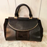 Lauren Conrad Black Faux Pebble Leather Suede Handbag Satchel Purse Rose Gold
