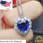 Heart 925 Silver Plated Necklace Pendant Blue zircon Jewelry Lab-Created glass