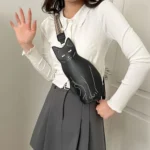 Black Cat Shaped Crossbody Bag Adjustable Strap, Zipper Closure,Cute Animal De